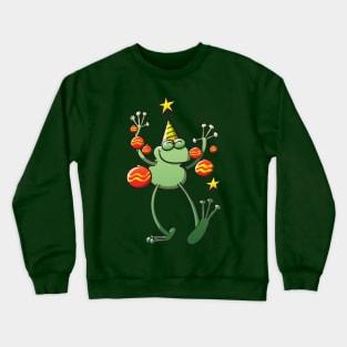 Smiling green frog decorating for Christmas Crewneck Sweatshirt